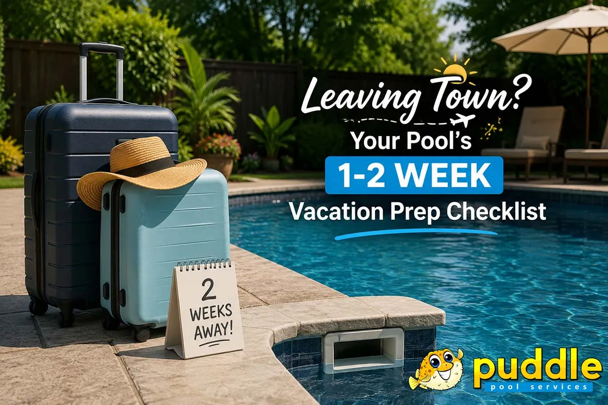 Backyard pool with vacation suitcases beside skimmer, ready for 2 week trip