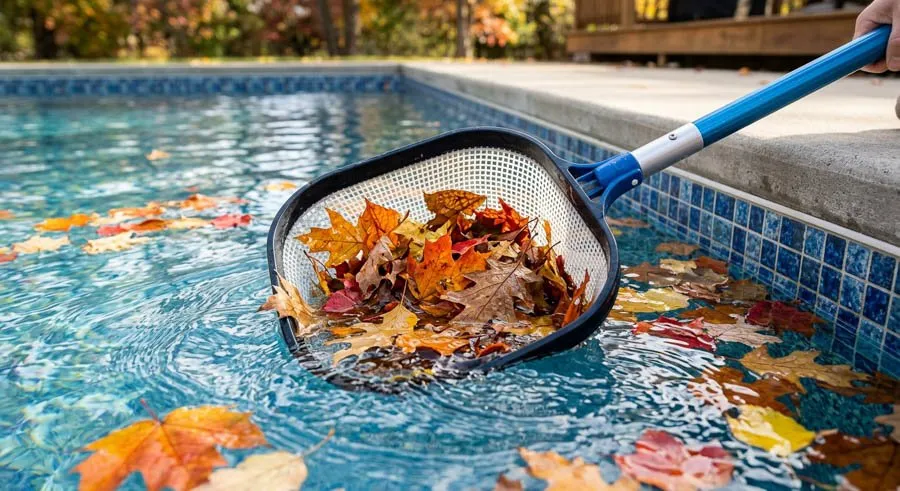 Skimming autumn leaves from a swimming pool in Charlotte NC.