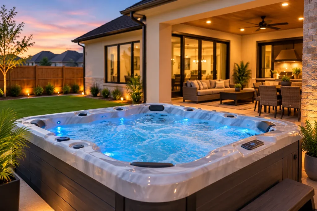 A lit hot tub beside a covered outdoor living area at dusk