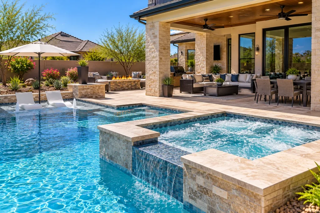 A spa spilling over into a swimming pool in a landscaped backyard