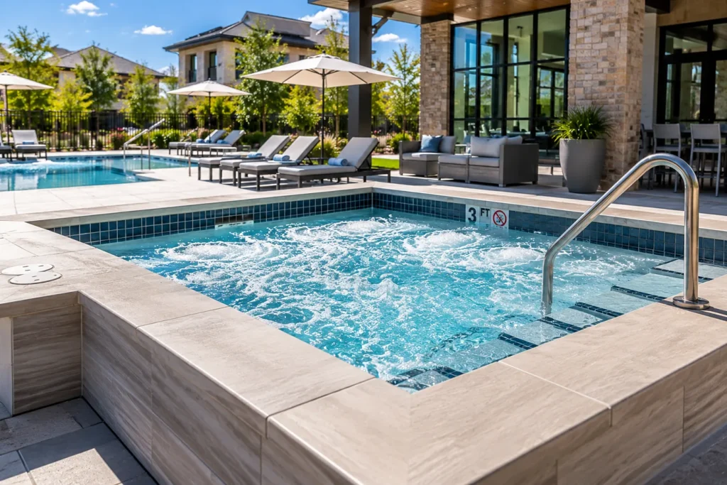 A spa and swimming pool at a shared leisure area with sun loungers and umbrellas