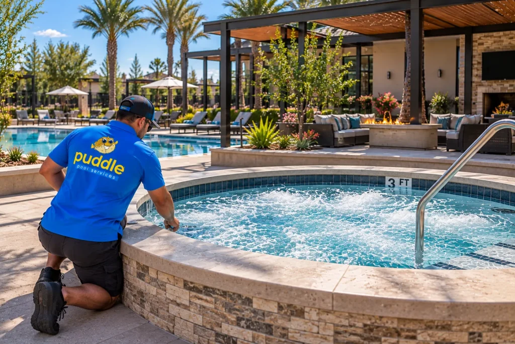 A Puddle Pool Services technician kneeling to service a spa beside a community pool