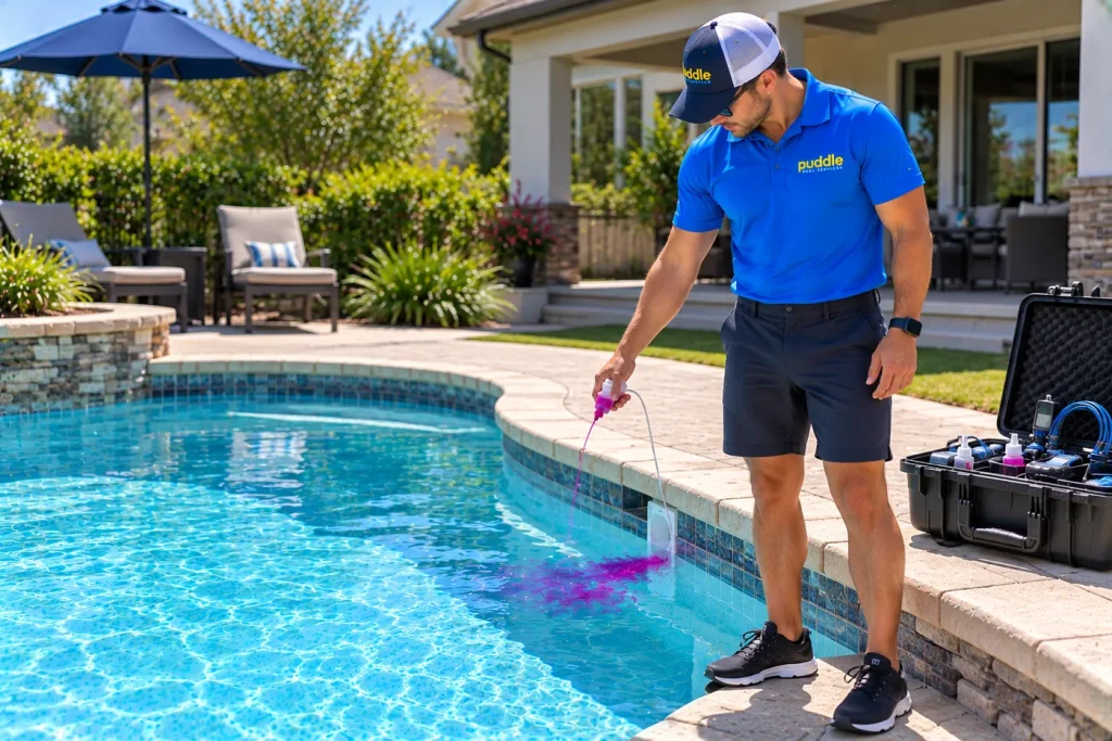 A Puddle Pool Services technician dye testing a skimmer opening in a backyard pool