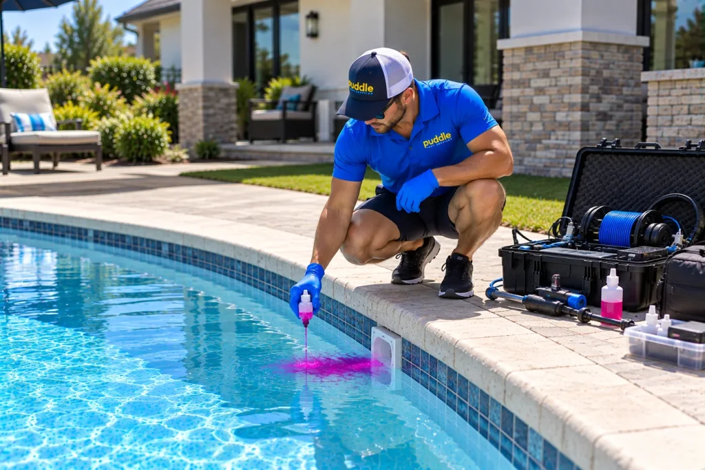A Puddle Pool Services technician dye testing a backyard pool skimmer with a case of leak detection gear alongside