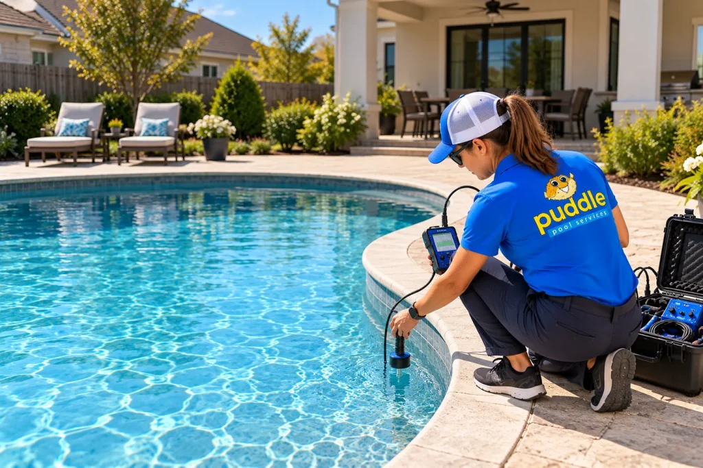 A Puddle Pool Services technician listening for a leak in a backyard pool with an electronic hydrophone