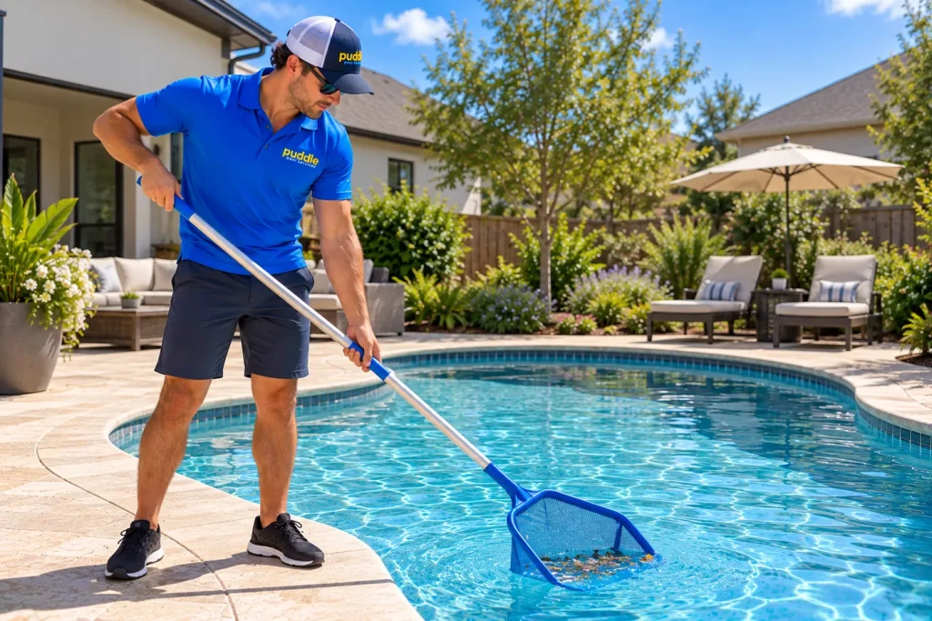 A Puddle Pool Services technician skimming leaves from a curved backyard pool