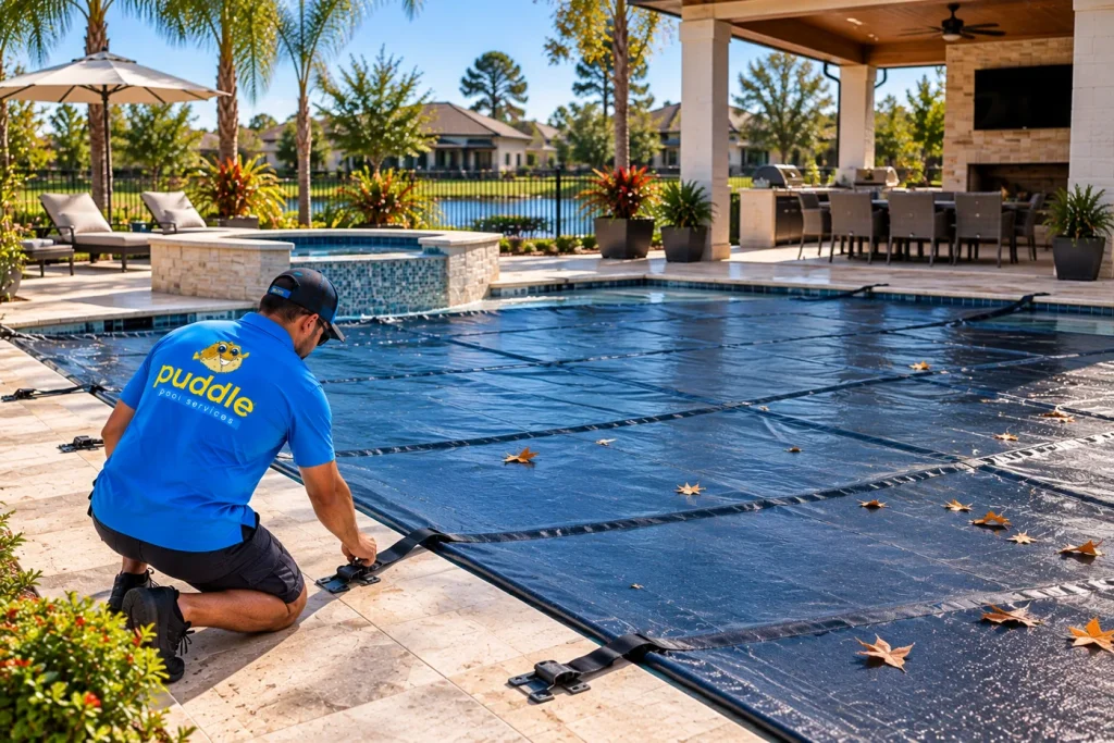 A Puddle Pool Services technician fastening a winter safety cover anchor at the pool edge