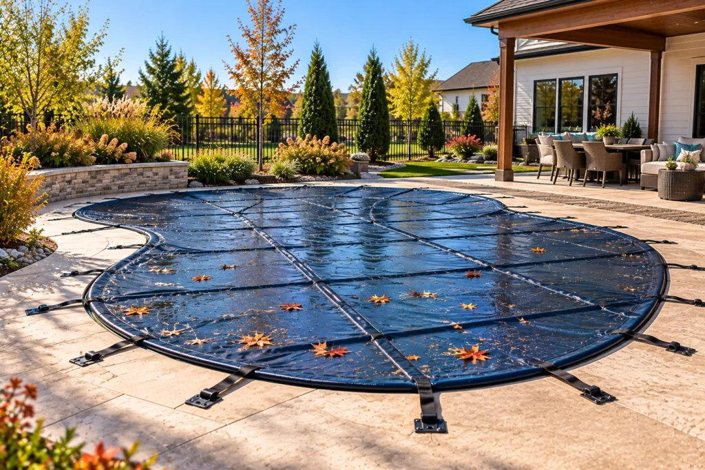 A pool under a winter safety cover with autumn leaves scattered across it and trees turning behind