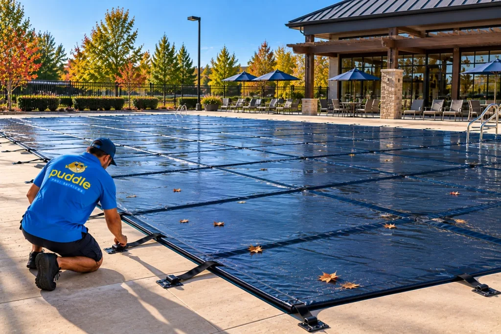 A Puddle Pool Services technician securing a winter safety cover on a large pool