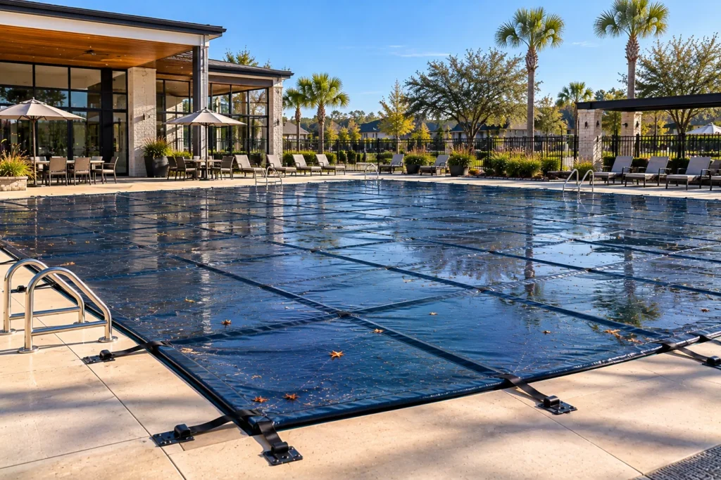A large swimming pool fully covered for winter beside a covered patio