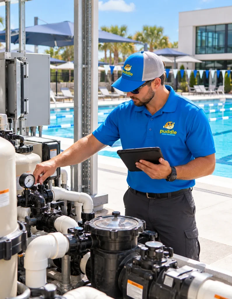 A Puddle Pool Services technician checking a pressure gauge on pool filtration equipment while holding a tablet