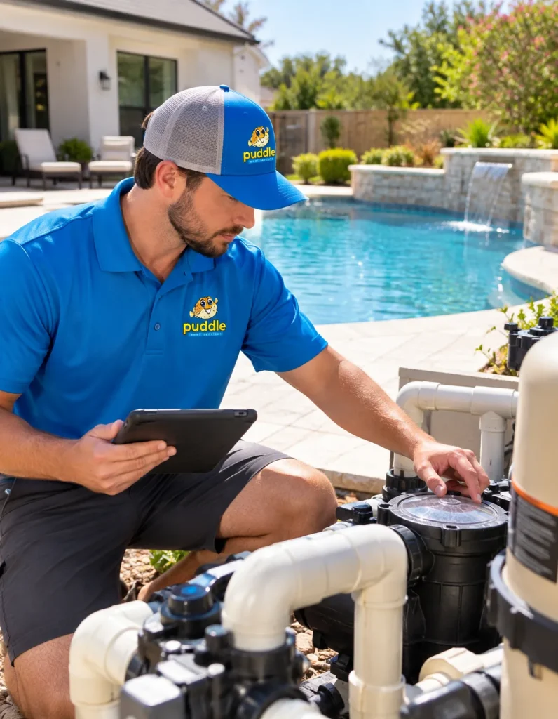 A Puddle Pool Services technician inspecting pump valves at the edge of a resort pool