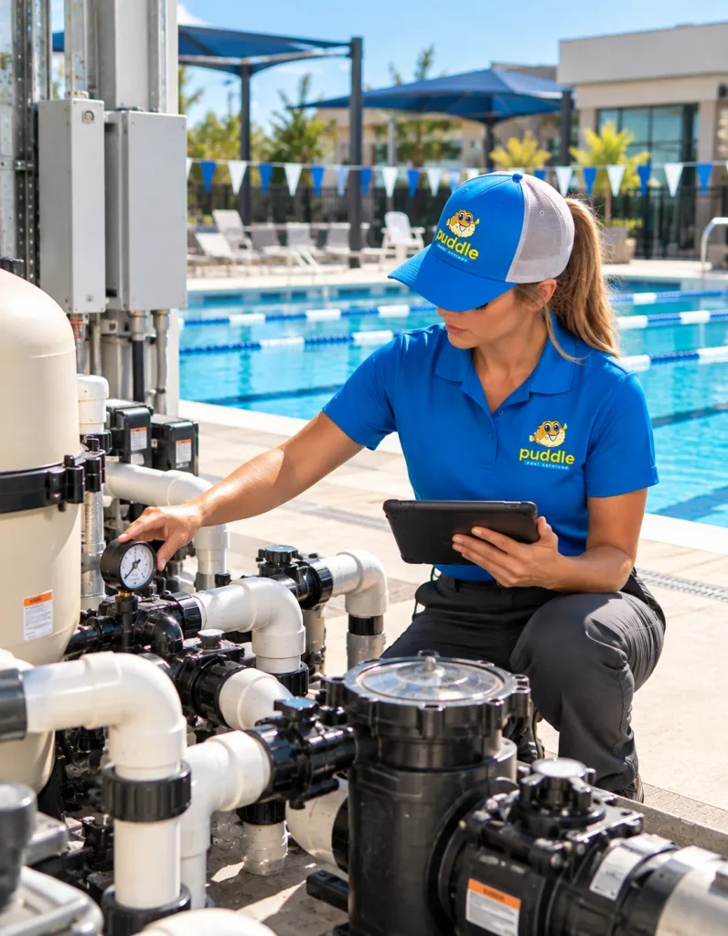 A Puddle Pool Services technician reading a filter pressure gauge beside a commercial pool