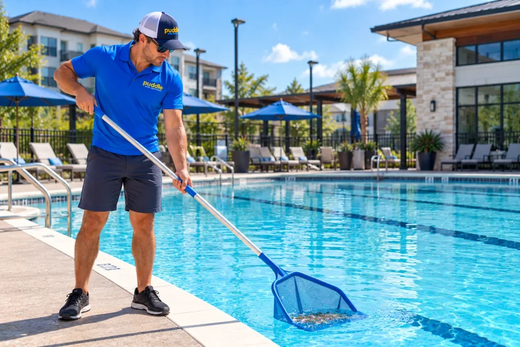 A Puddle Pool Services technician skimming debris from a community pool with lane markings