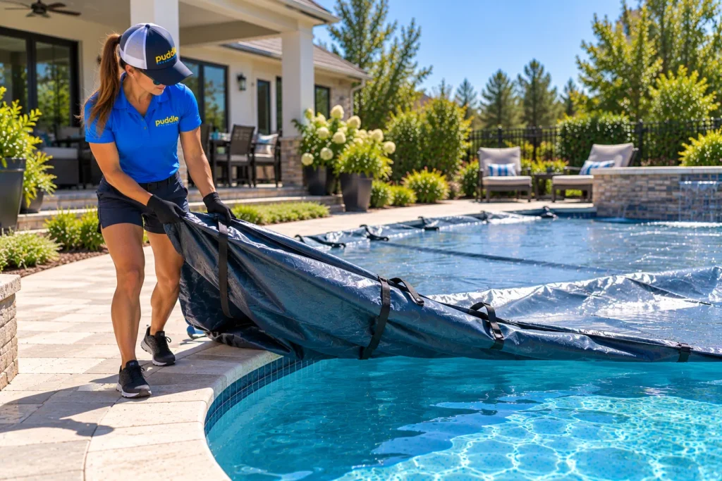 A Puddle Pool Services technician removing a winter safety cover from a curved backyard pool
