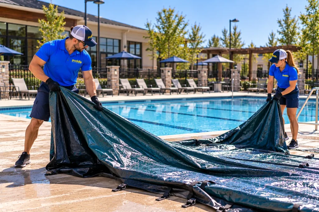 Two Puddle Pool Services technicians folding a winter cover beside a community pool