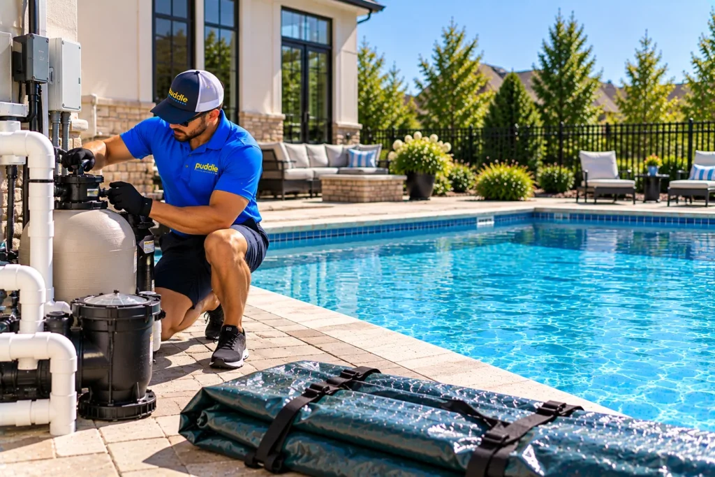 A Puddle Pool Services technician starting up the pump and filter at a pool opening