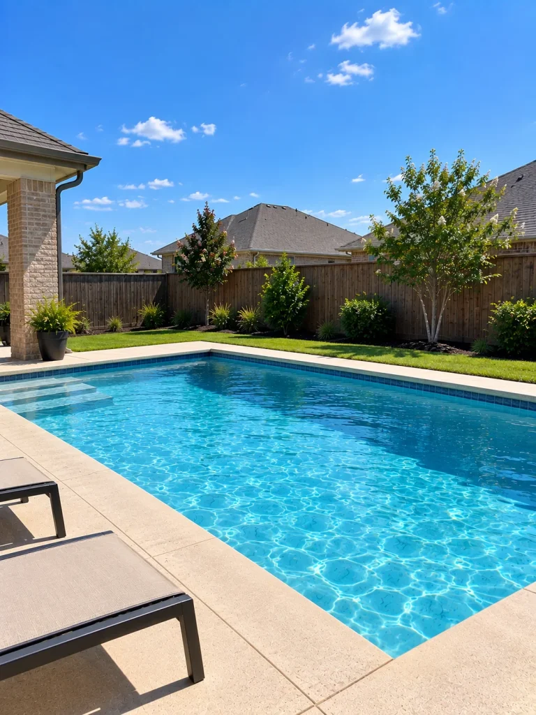 A rectangular backyard swimming pool beside a lawn and fence