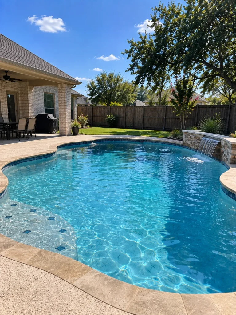 A curved backyard swimming pool with a waterfall and mature trees behind
