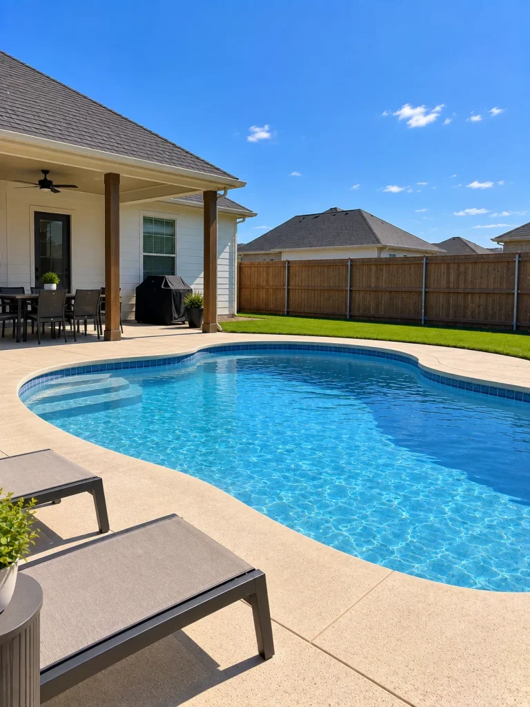 A kidney shaped backyard swimming pool beside a covered patio