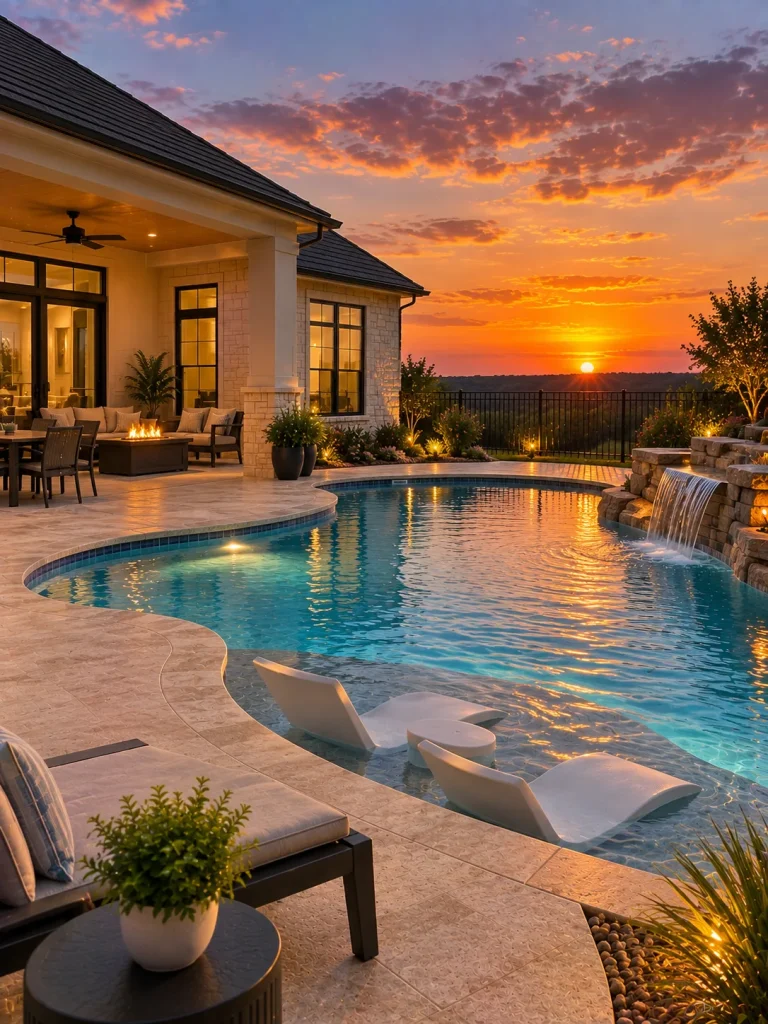 A backyard swimming pool with in-water loungers at sunset