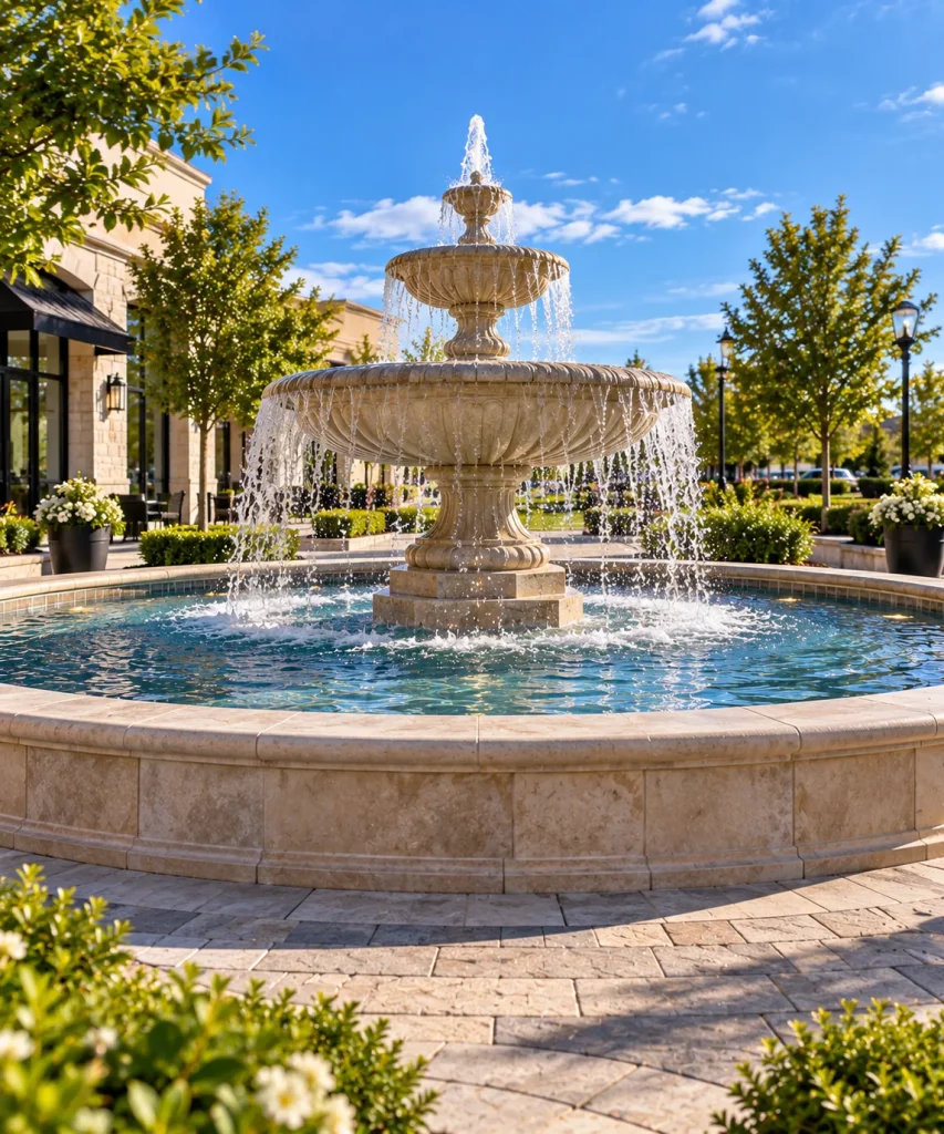 A tiered stone fountain running into a circular basin in a landscaped courtyard
