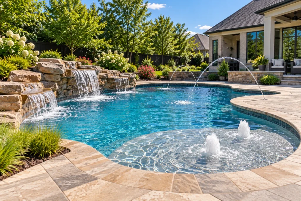 A backyard pool with a rock waterfall and bubbling spillover jets