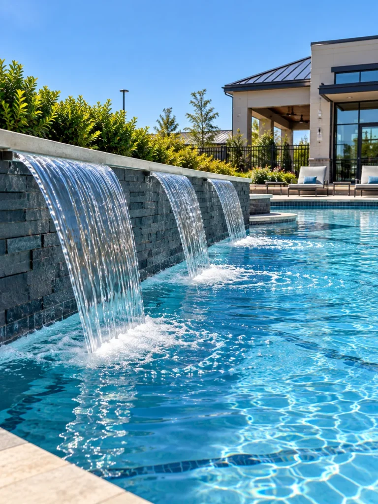A stone wall with three sheet waterfalls spilling into a swimming pool