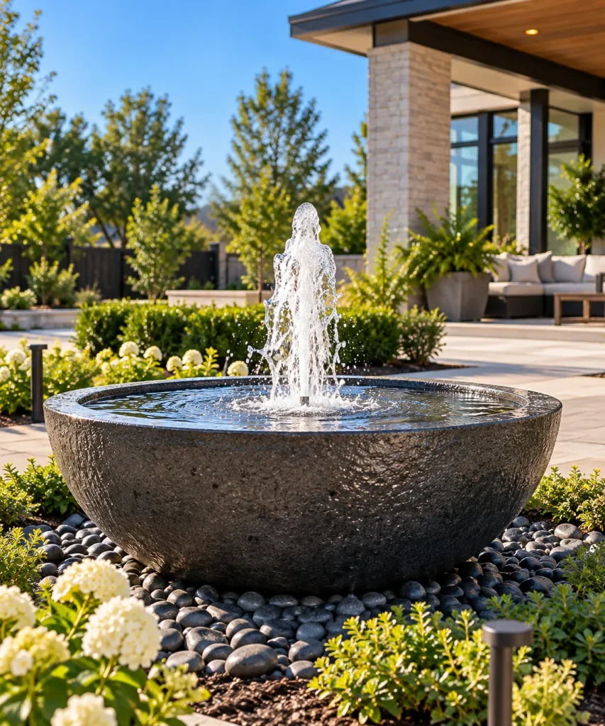 A dark stone bowl fountain on a pebble bed beside a patio