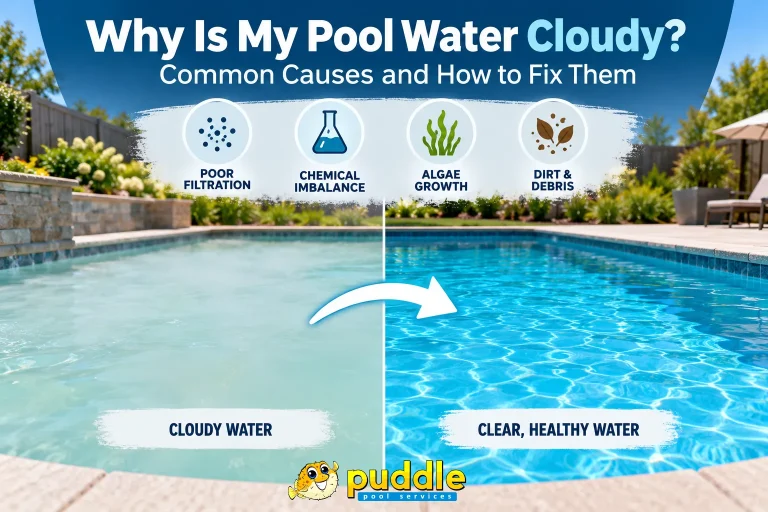 Cloudy pool water beside clear pool water, with common causes: poor filtration, chemical imbalance, algae growth, dirt and debris